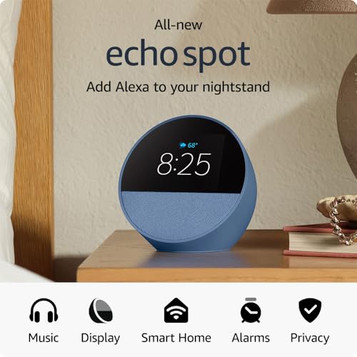 Amazon Echo Spot (newest model), Great for nightstands, offices and kitchens, Smart alarm clock with Alexa, Black