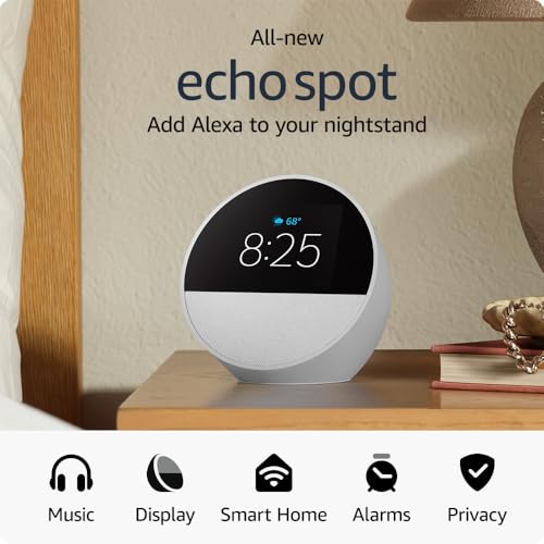 Amazon Echo Spot (newest model), Great for nightstands, offices and kitchens, Smart alarm clock with Alexa, Black