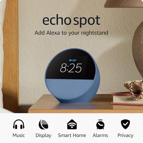 Amazon Echo Spot (newest model), Great for nightstands, offices and kitchens, Smart alarm clock with Alexa, Black