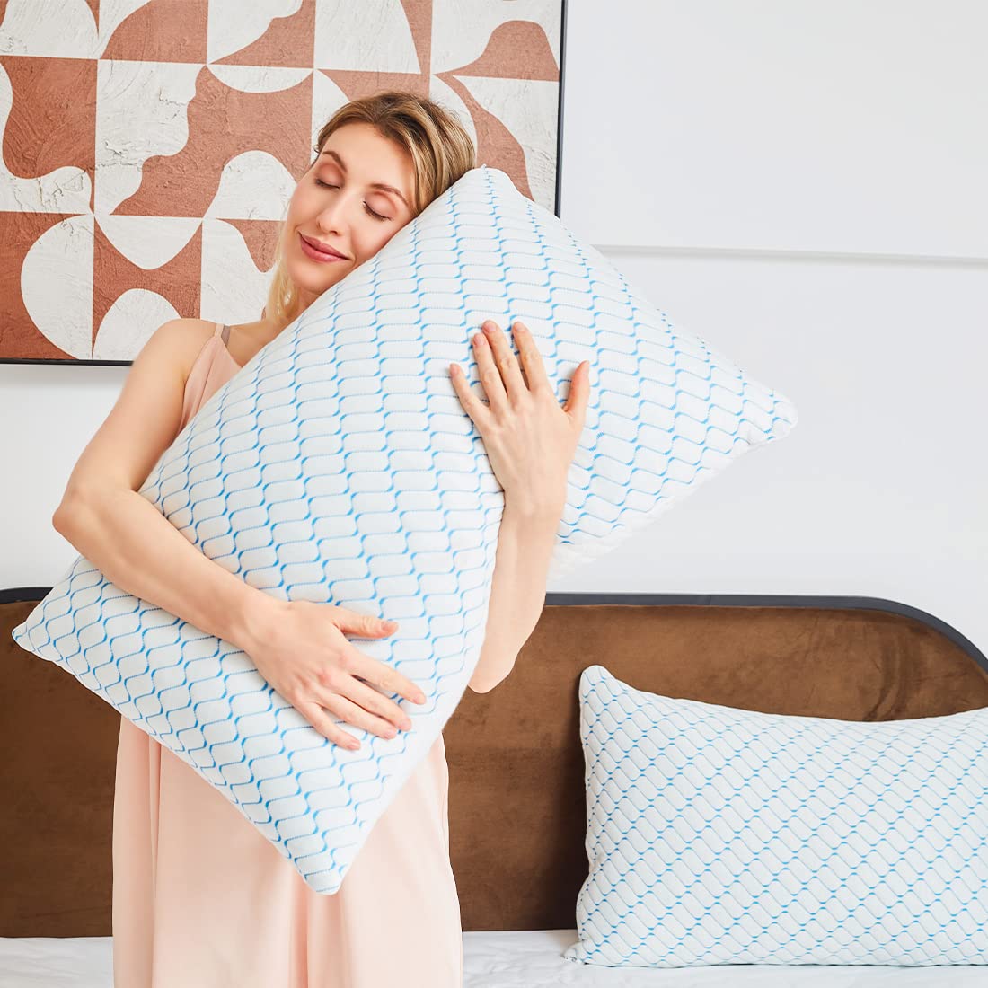 Memory Foam Pillows Queen Size Set of 2, Adjustable Cooling Pillow for Side Back Stomach Sleepers with Washable Removable Cover