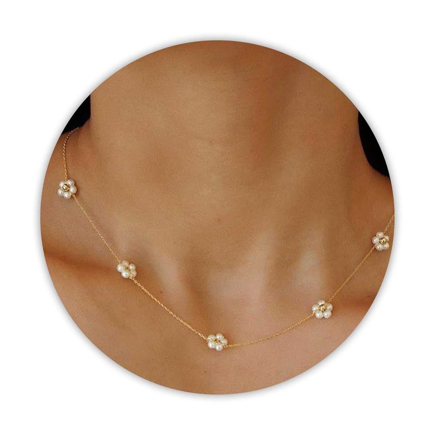 SmileBelle Daisy Pearl Necklace, Dainty Pearl Choker Necklace for Women as Flower Necklace Gift, 14K Gold Plated Stainless Steel Summer Merch as Birthday Gifts for Her Daisy Costume Gift