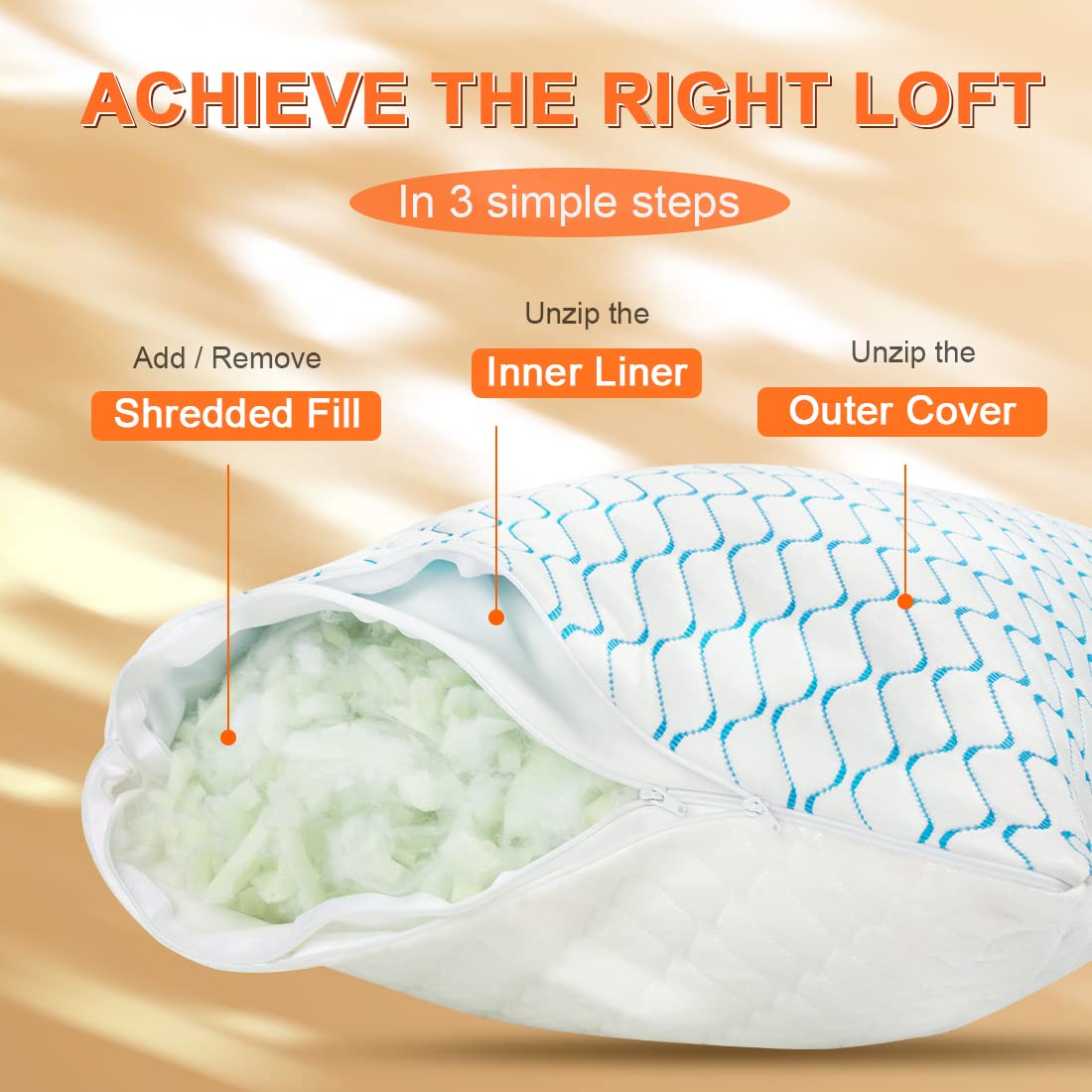 Memory Foam Pillows Queen Size Set of 2, Adjustable Cooling Pillow for Side Back Stomach Sleepers with Washable Removable Cover