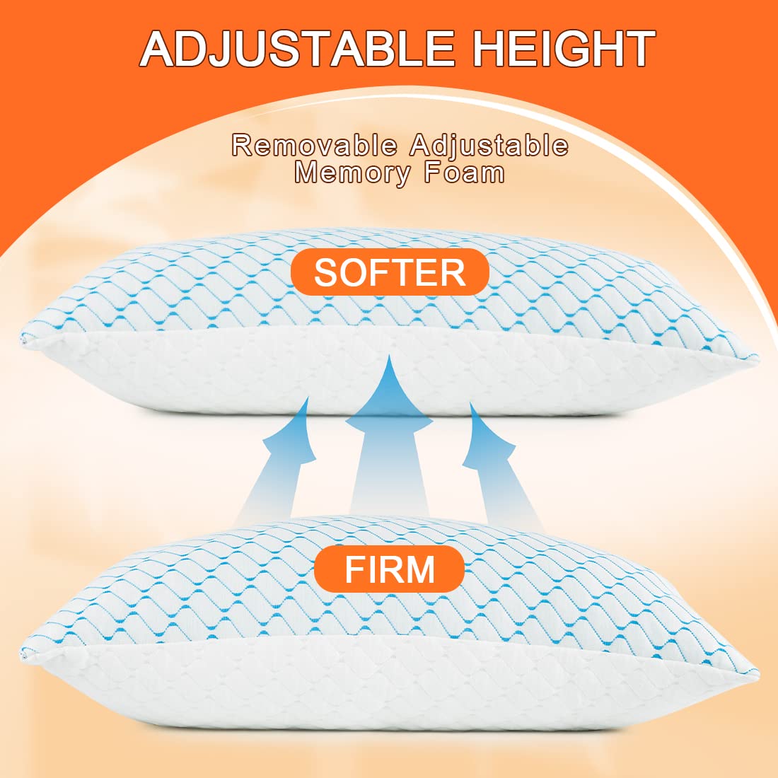 Memory Foam Pillows Queen Size Set of 2, Adjustable Cooling Pillow for Side Back Stomach Sleepers with Washable Removable Cover