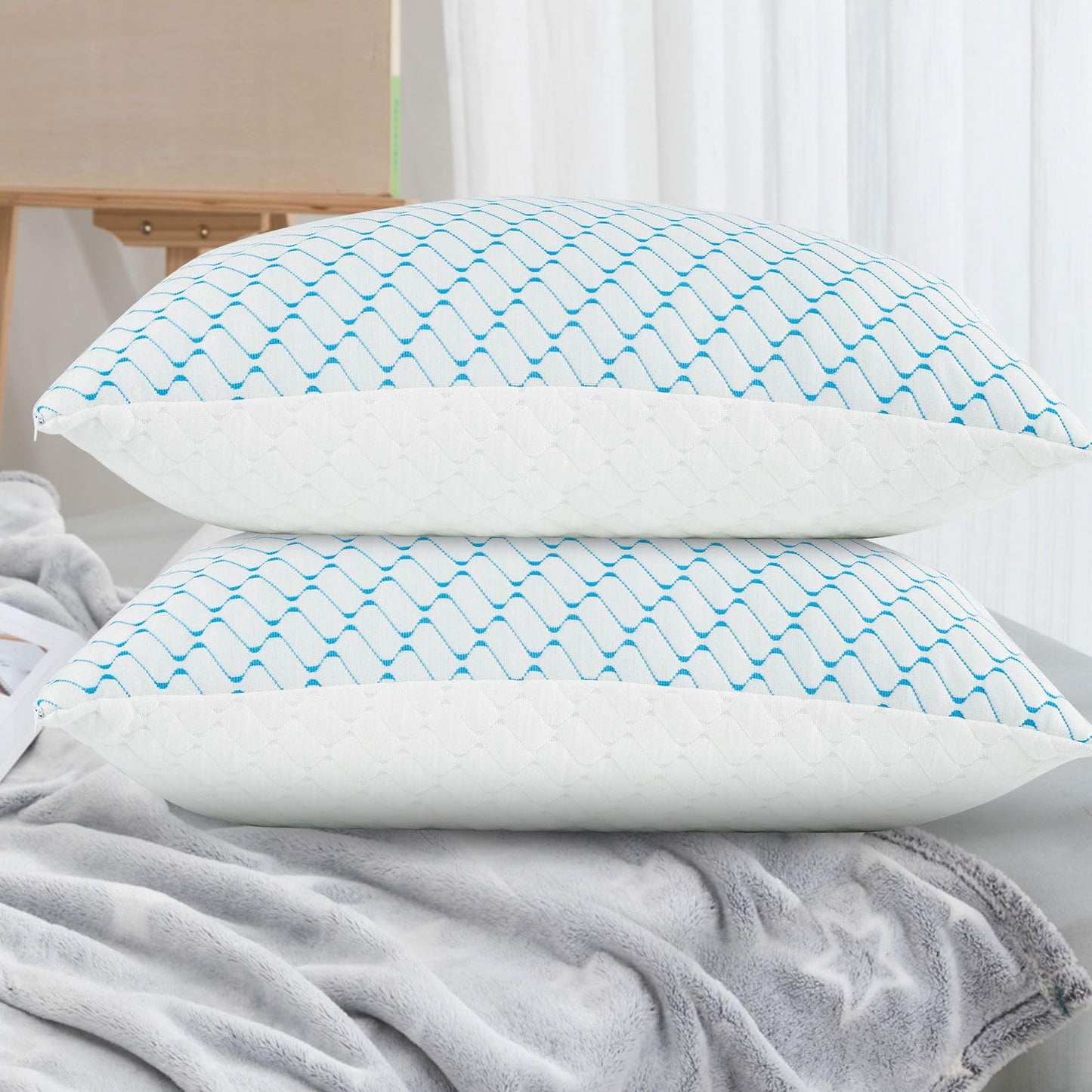 Memory Foam Pillows Queen Size Set of 2, Adjustable Cooling Pillow for Side Back Stomach Sleepers with Washable Removable Cover