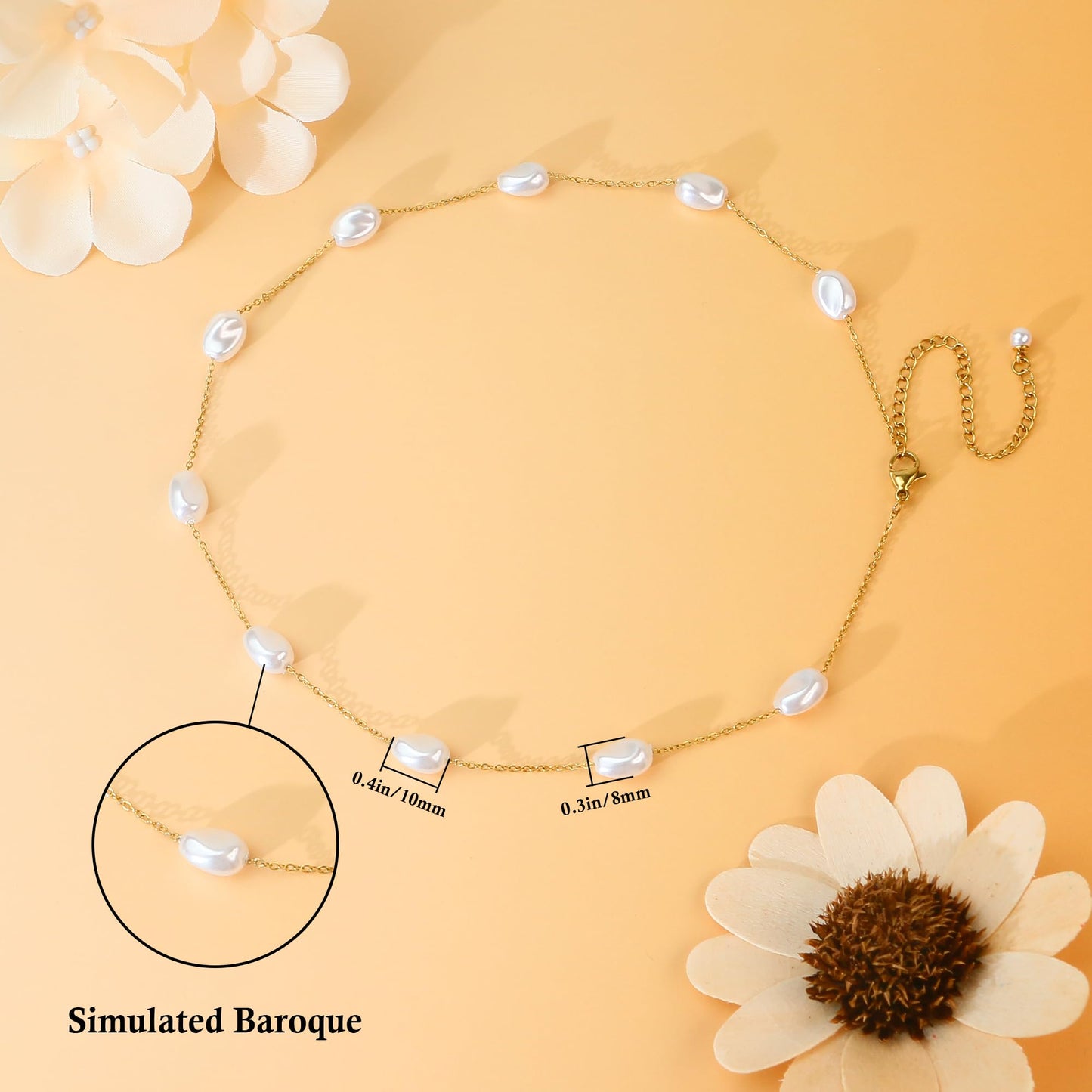 SmileBelle Daisy Pearl Necklace, Dainty Pearl Choker Necklace for Women as Flower Necklace Gift, 14K Gold Plated Stainless Steel Summer Merch as Birthday Gifts for Her Daisy Costume Gift