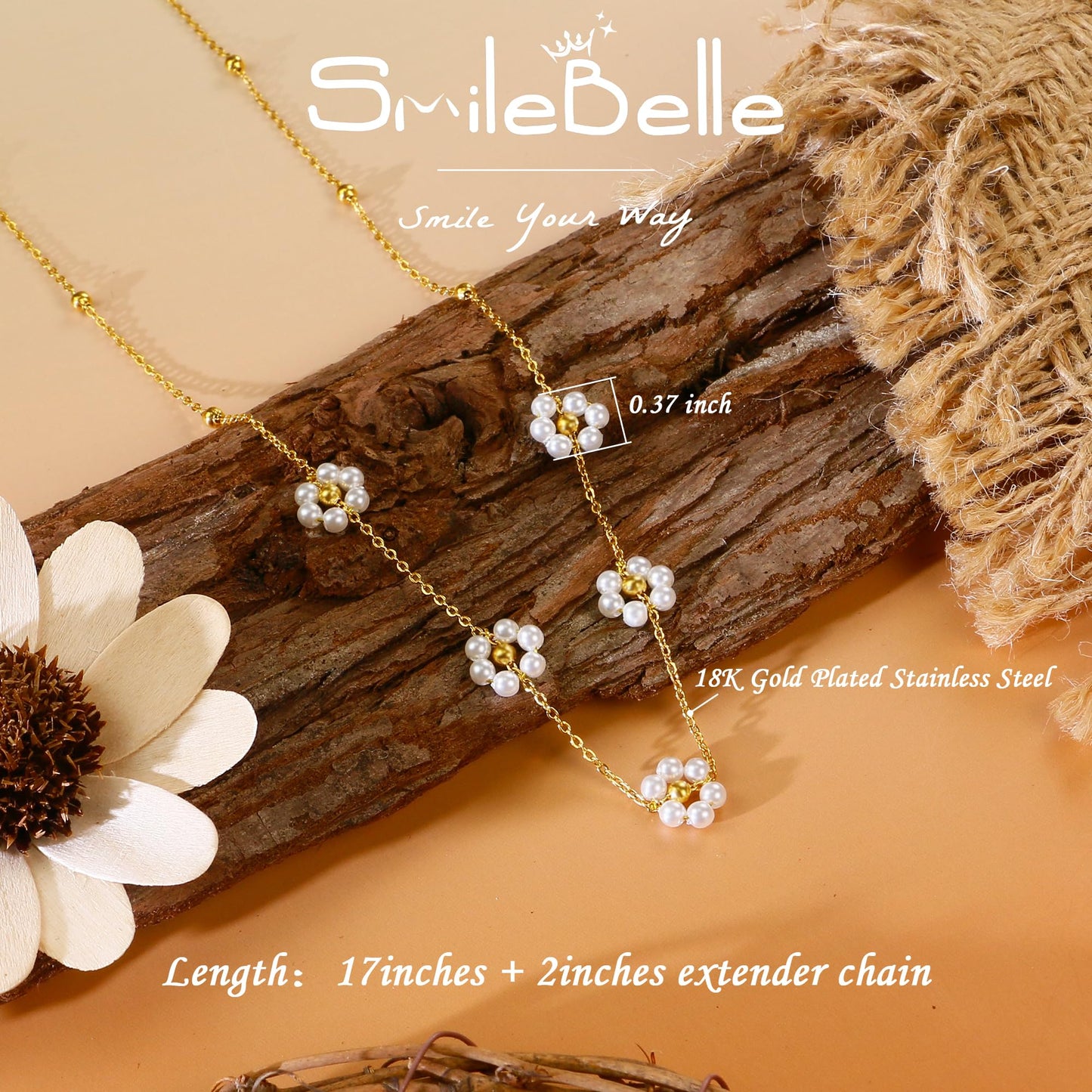 SmileBelle Daisy Pearl Necklace, Dainty Pearl Choker Necklace for Women as Flower Necklace Gift, 14K Gold Plated Stainless Steel Summer Merch as Birthday Gifts for Her Daisy Costume Gift