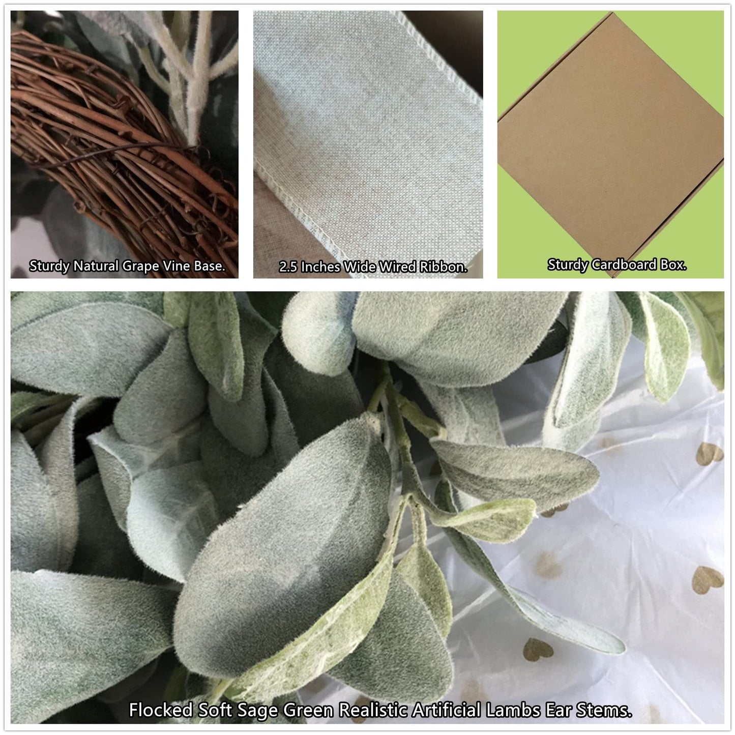 22 Inch Flocked Lambs Ear Wreaths for Front Door Wreaths for All Seasons Spring Summer Fall Autumn Winter Simple Modern Year Round Everyday Farmhouse Greenery Wreath (Burlap Bow)