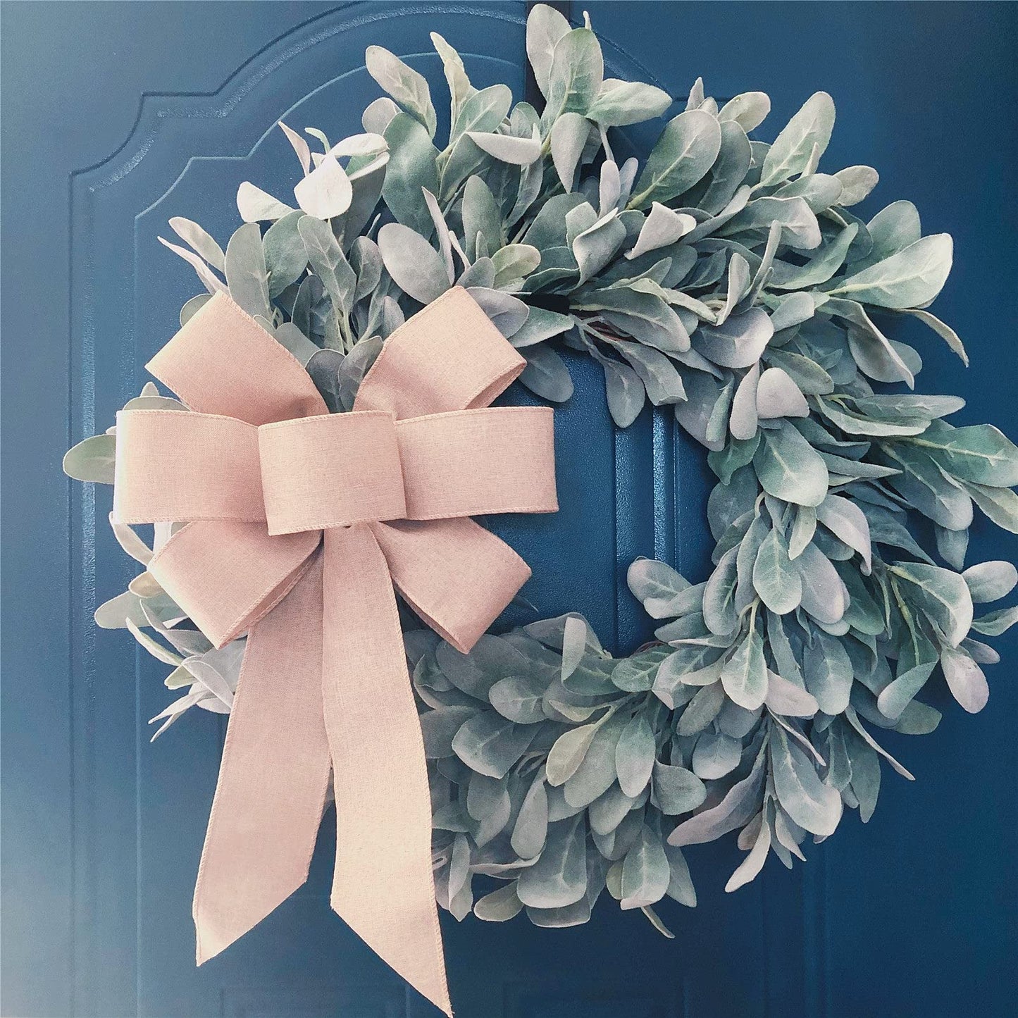 22 Inch Flocked Lambs Ear Wreaths for Front Door Wreaths for All Seasons Spring Summer Fall Autumn Winter Simple Modern Year Round Everyday Farmhouse Greenery Wreath (Burlap Bow)