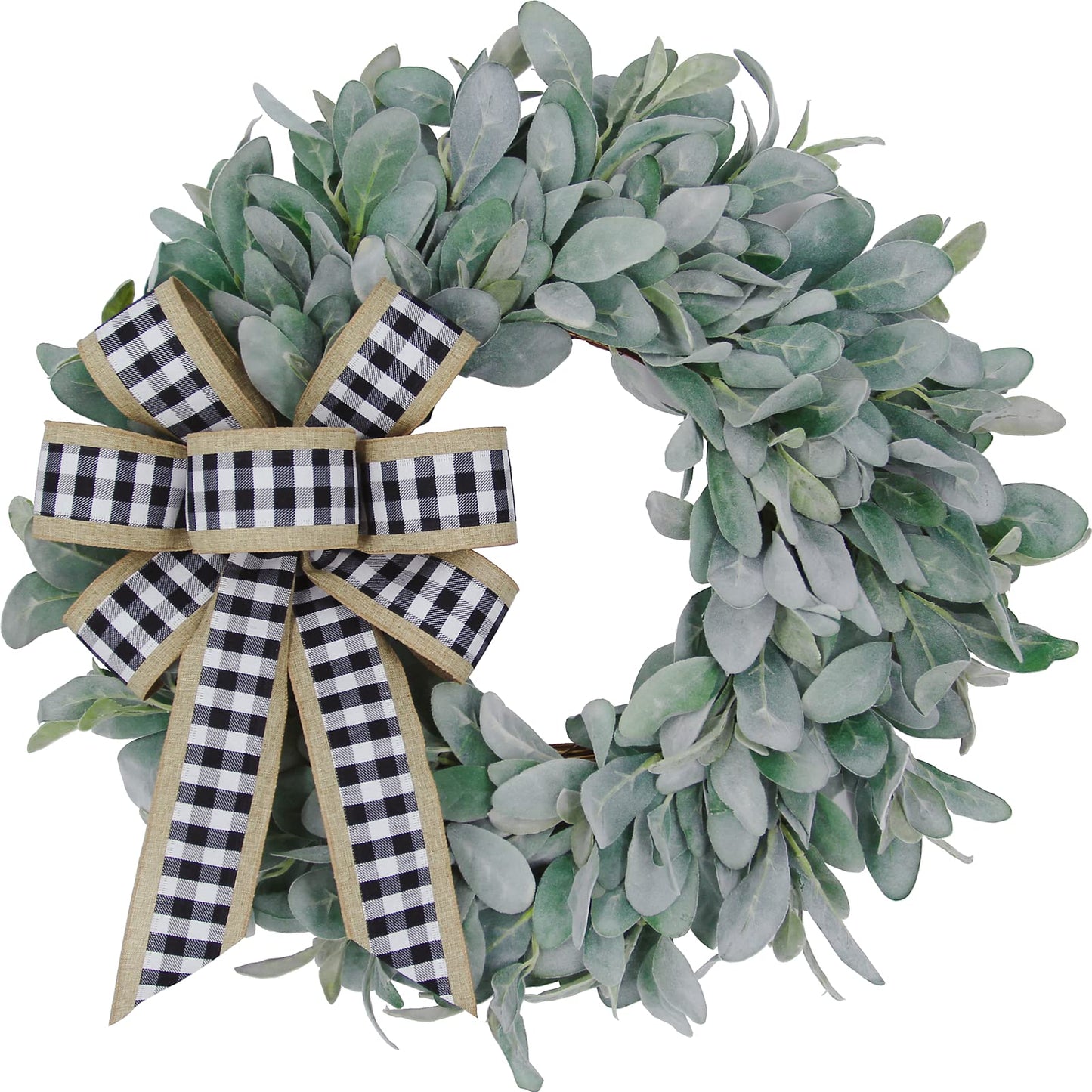 22 Inch Flocked Lambs Ear Wreaths for Front Door Wreaths for All Seasons Spring Summer Fall Autumn Winter Simple Modern Year Round Everyday Farmhouse Greenery Wreath (Burlap Bow)