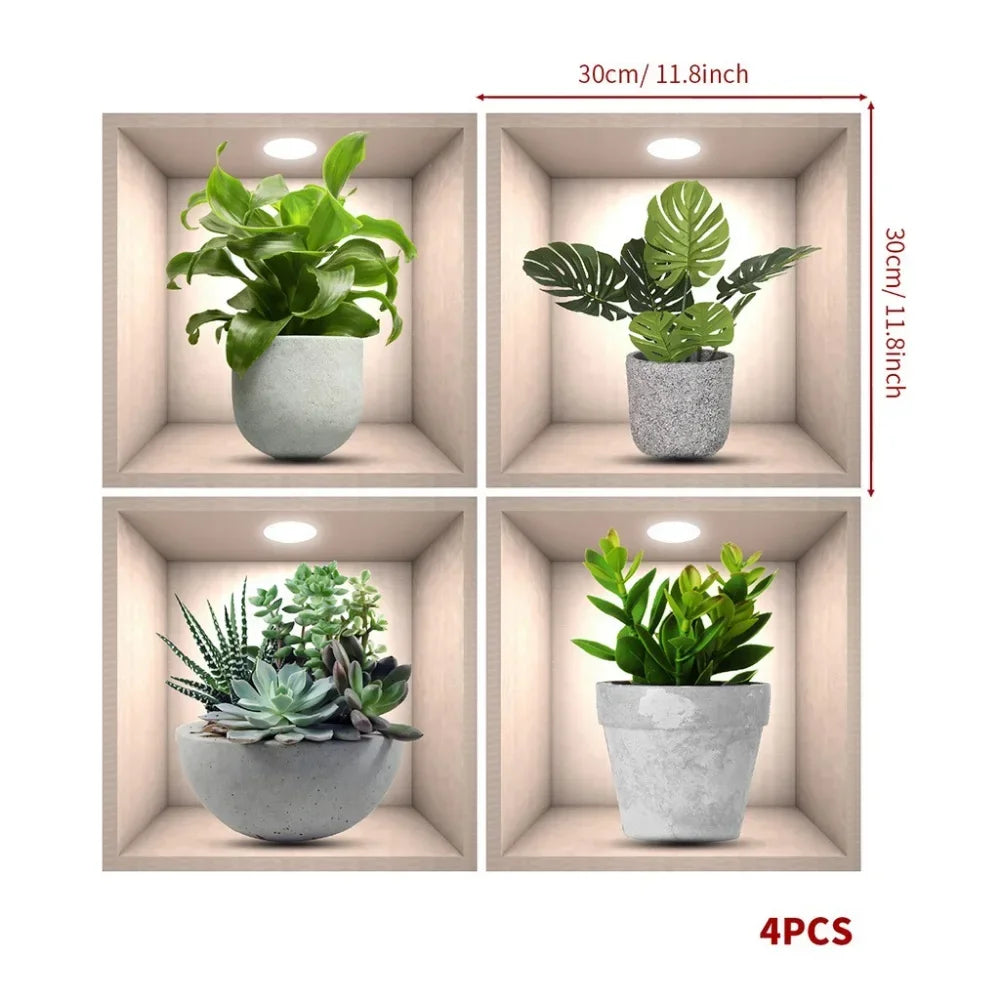 3/4 PCS Bonsai Illustration Decorative Stickers Removable PVC Living Room Wall Decoration Self-adhesive Frosted Stickers
