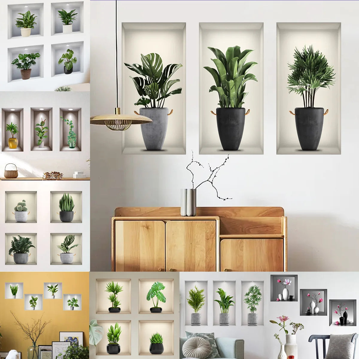 Green Plant Wall Sticker 3D Potted Plant Flower Triptych Painting Posters Living Room Foyer Decoration Wall Hole Repair Sticker