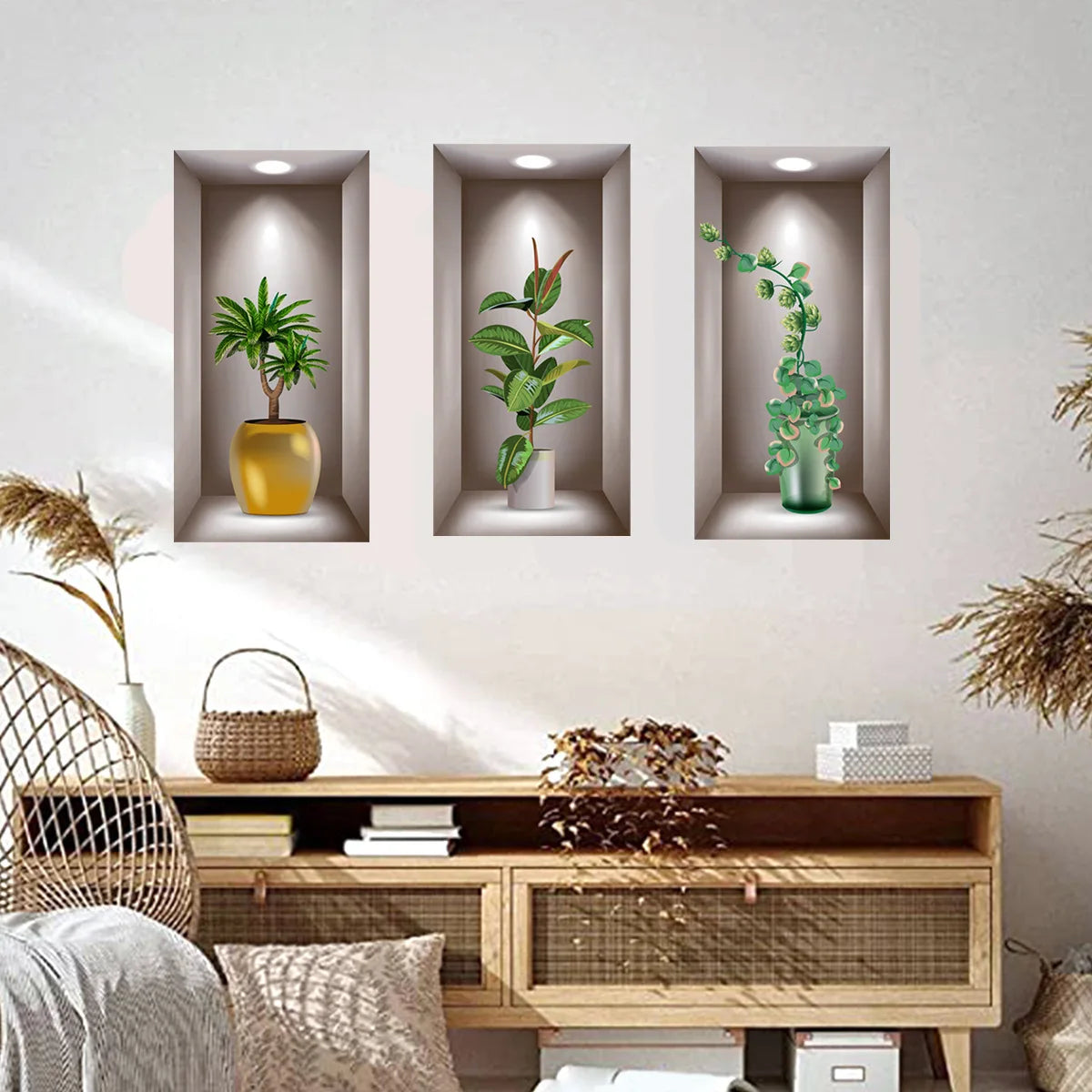 Green Plant Wall Sticker 3D Potted Plant Flower Triptych Painting Posters Living Room Foyer Decoration Wall Hole Repair Sticker