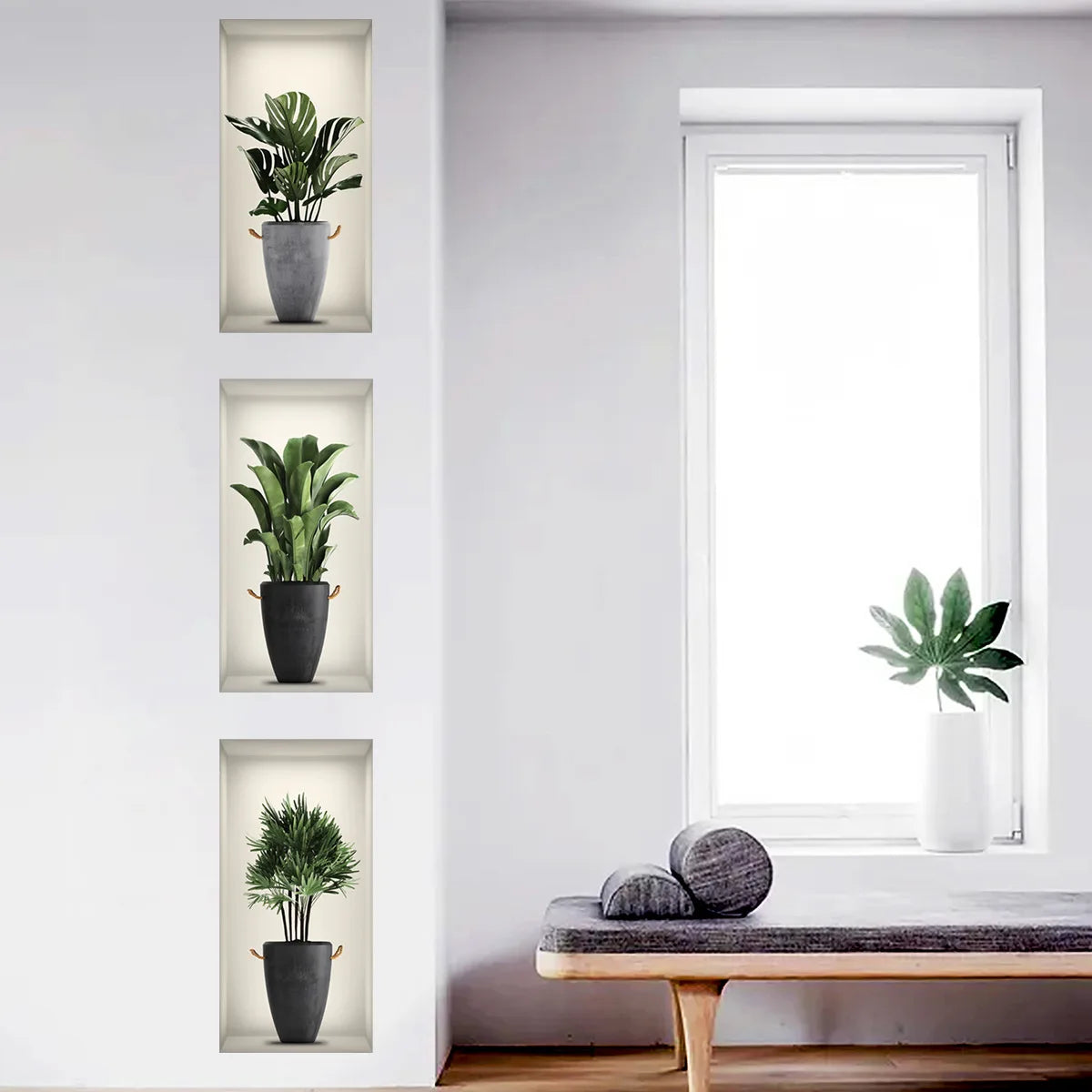 Green Plant Wall Sticker 3D Potted Plant Flower Triptych Painting Posters Living Room Foyer Decoration Wall Hole Repair Sticker