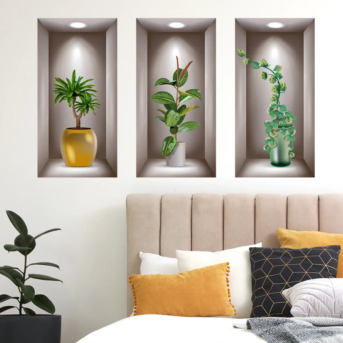 Green Plant Wall Sticker 3D Potted Plant Flower Triptych Painting Posters Living Room Foyer Decoration Wall Hole Repair Sticker