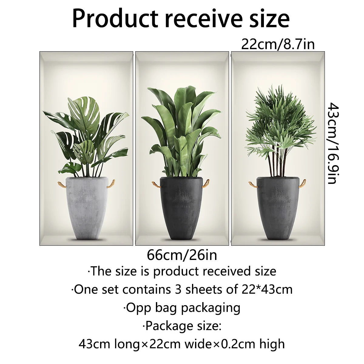 Green Plant Wall Sticker 3D Potted Plant Flower Triptych Painting Posters Living Room Foyer Decoration Wall Hole Repair Sticker