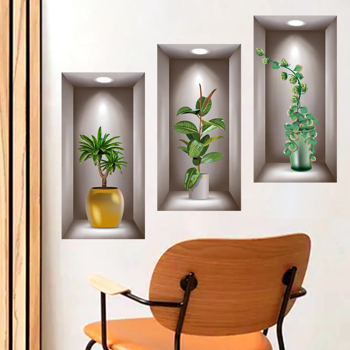 Green Plant Wall Sticker 3D Potted Plant Flower Triptych Painting Posters Living Room Foyer Decoration Wall Hole Repair Sticker