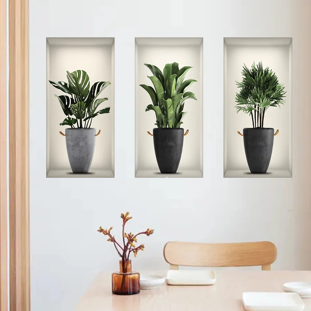 Green Plant Wall Sticker 3D Potted Plant Flower Triptych Painting Posters Living Room Foyer Decoration Wall Hole Repair Sticker