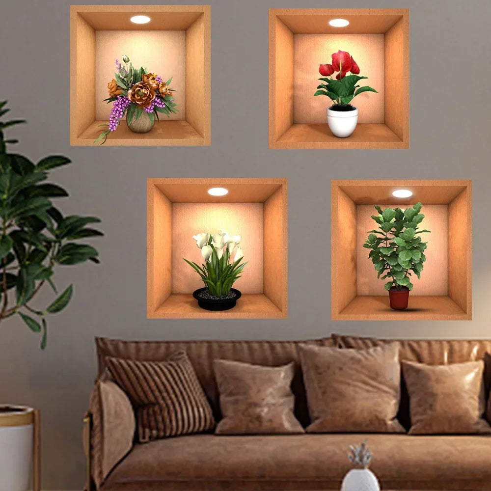 3/4 PCS Bonsai Illustration Decorative Stickers Removable PVC Living Room Wall Decoration Self-adhesive Frosted Stickers