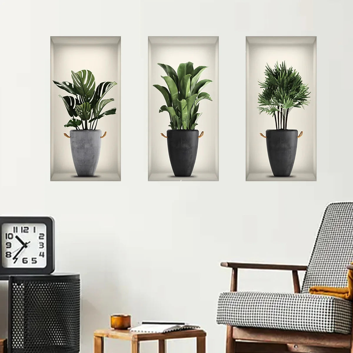 Green Plant Wall Sticker 3D Potted Plant Flower Triptych Painting Posters Living Room Foyer Decoration Wall Hole Repair Sticker