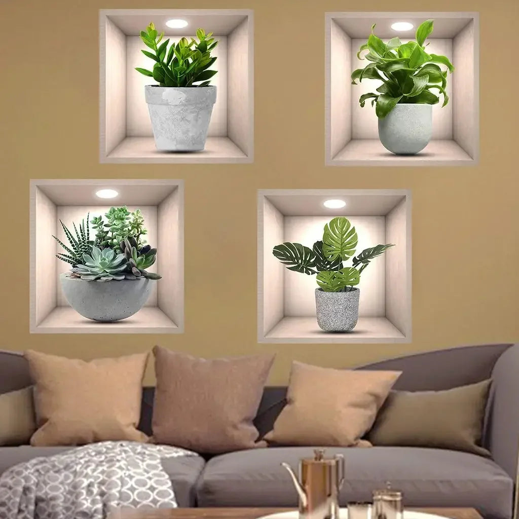 3/4 PCS Bonsai Illustration Decorative Stickers Removable PVC Living Room Wall Decoration Self-adhesive Frosted Stickers
