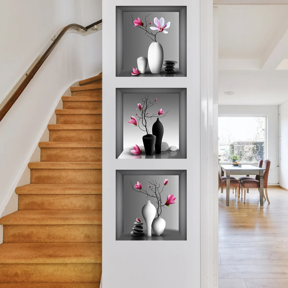 Green Plant Wall Sticker 3D Potted Plant Flower Triptych Painting Posters Living Room Foyer Decoration Wall Hole Repair Sticker