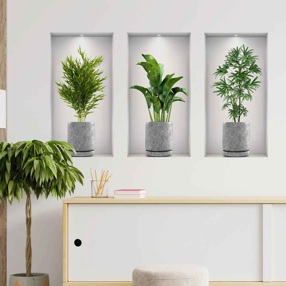 Green Plant Wall Sticker 3D Potted Plant Flower Triptych Painting Posters Living Room Foyer Decoration Wall Hole Repair Sticker