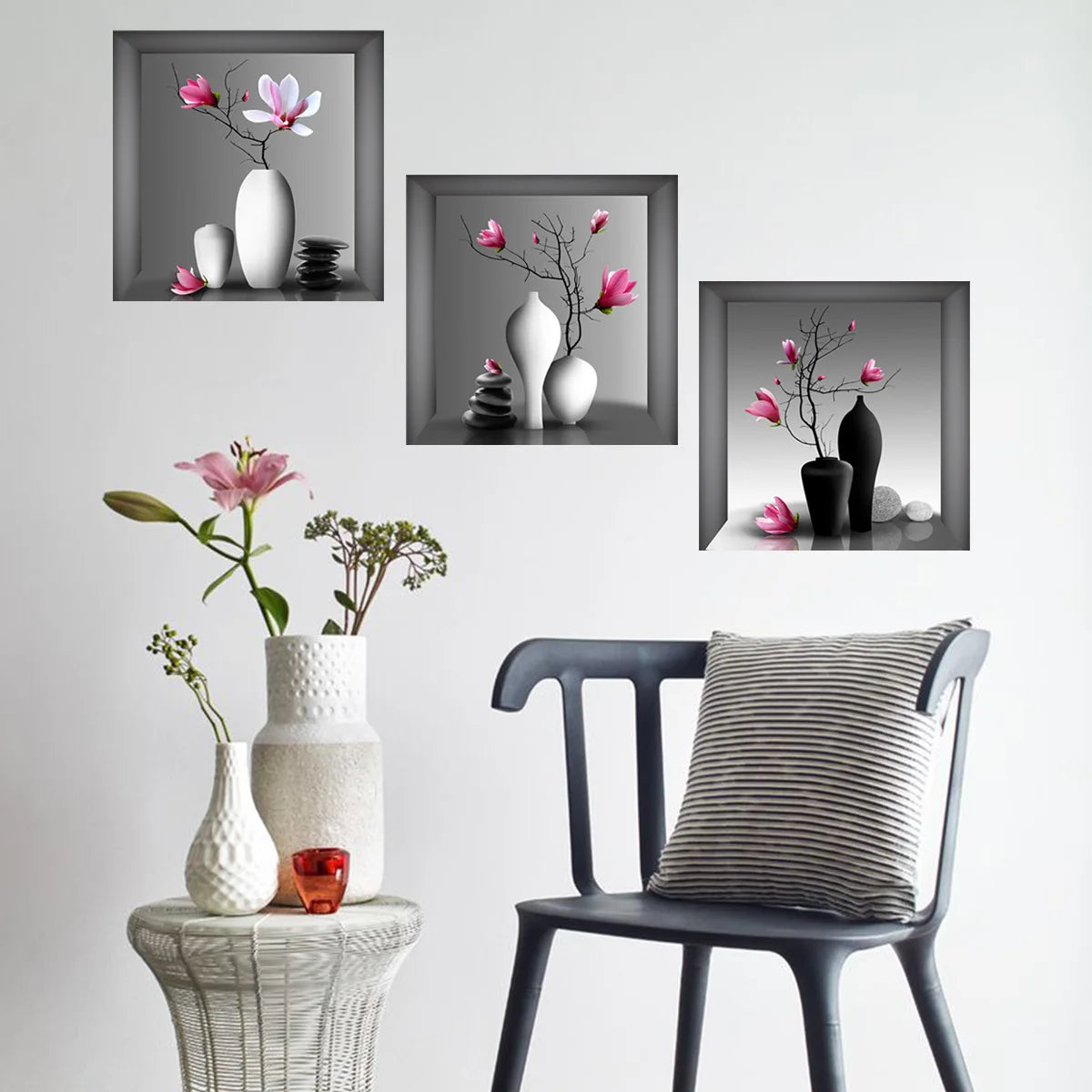 Green Plant Wall Sticker 3D Potted Plant Flower Triptych Painting Posters Living Room Foyer Decoration Wall Hole Repair Sticker