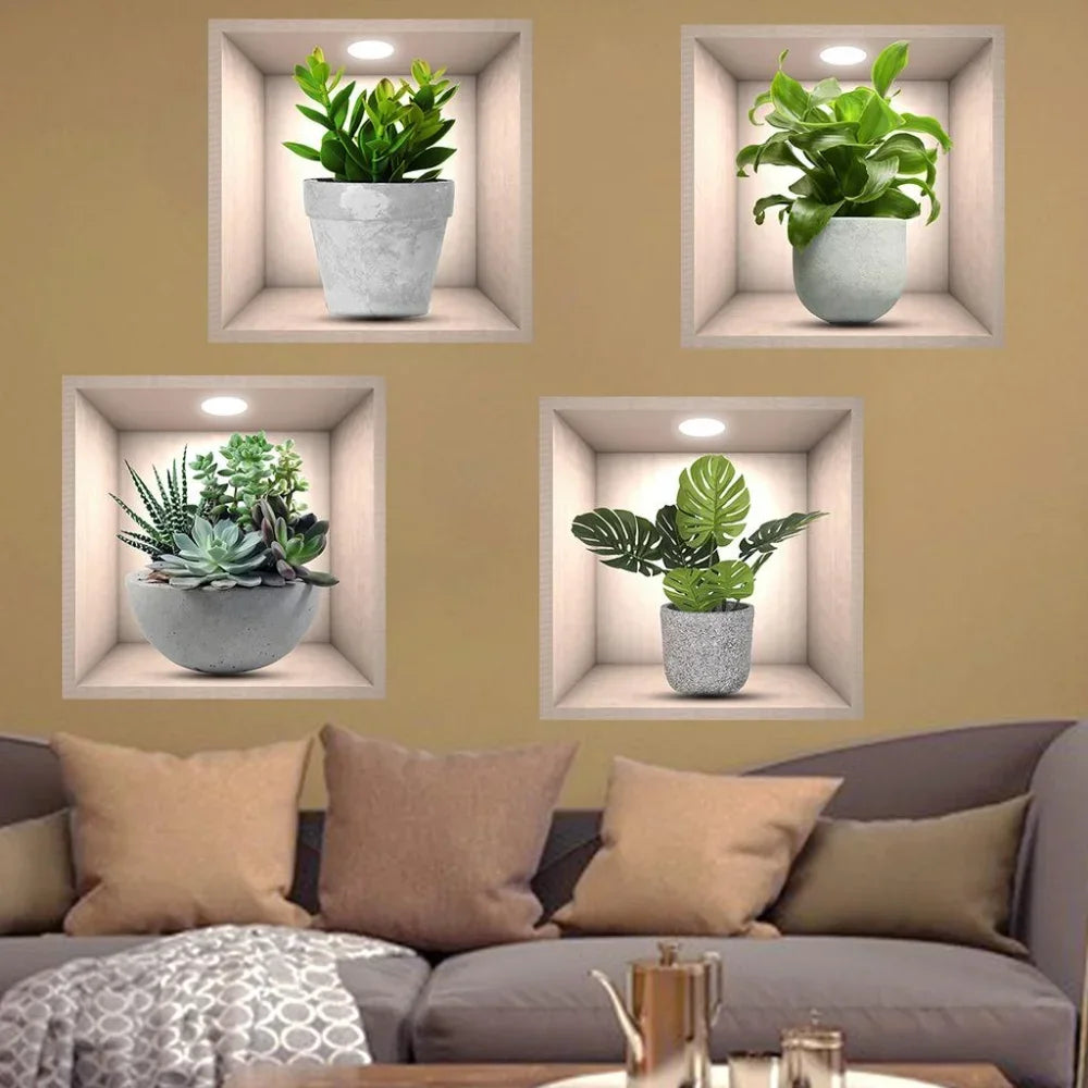 3/4 PCS Bonsai Illustration Decorative Stickers Removable PVC Living Room Wall Decoration Self-adhesive Frosted Stickers