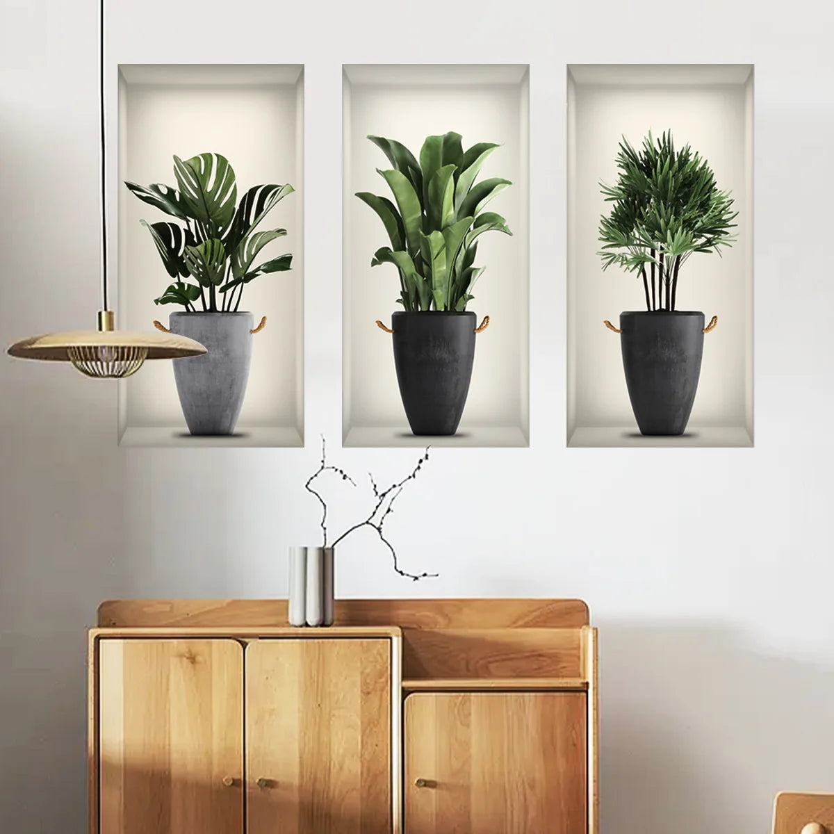 Green Plant Wall Sticker 3D Potted Plant Flower Triptych Painting Posters Living Room Foyer Decoration Wall Hole Repair Sticker