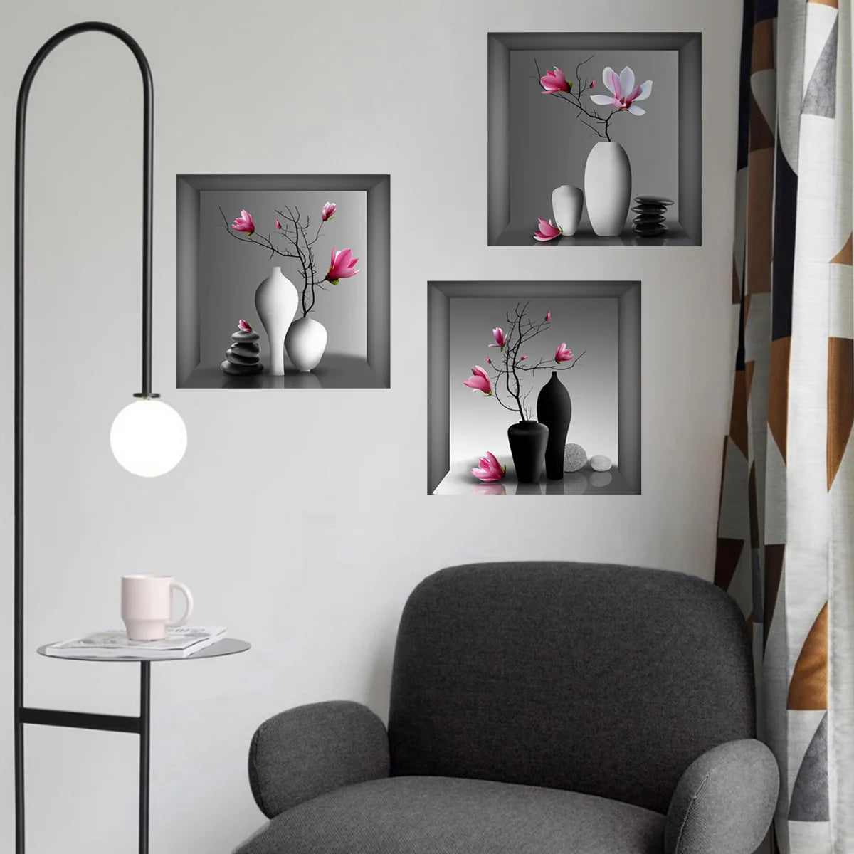 Green Plant Wall Sticker 3D Potted Plant Flower Triptych Painting Posters Living Room Foyer Decoration Wall Hole Repair Sticker