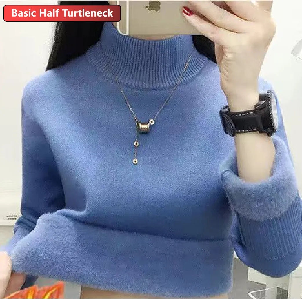 Turtleneck Winter Sweater Women Elegant Thicken Velvet Lined Warm Sueter Knitted Pullover Slim Tops Jersey Knitwear Jumper New