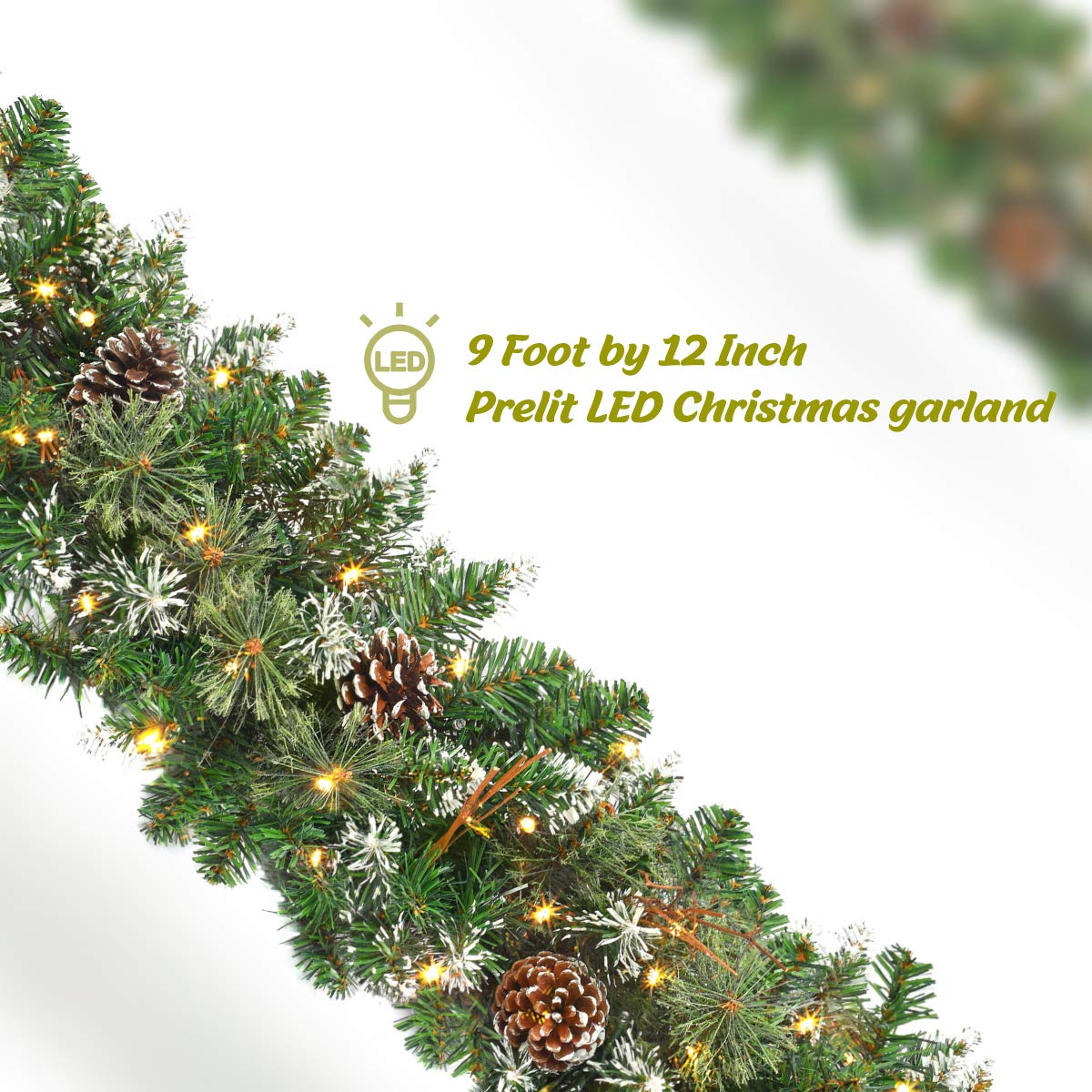 9ft Christmas Garland with LED Lights and Timer, Prelit Xmas Garland Battery Operated, Artificial Green Garland for Mantle, Fireplace, Stairs Railing, Front Door, Indoor and Outdoor