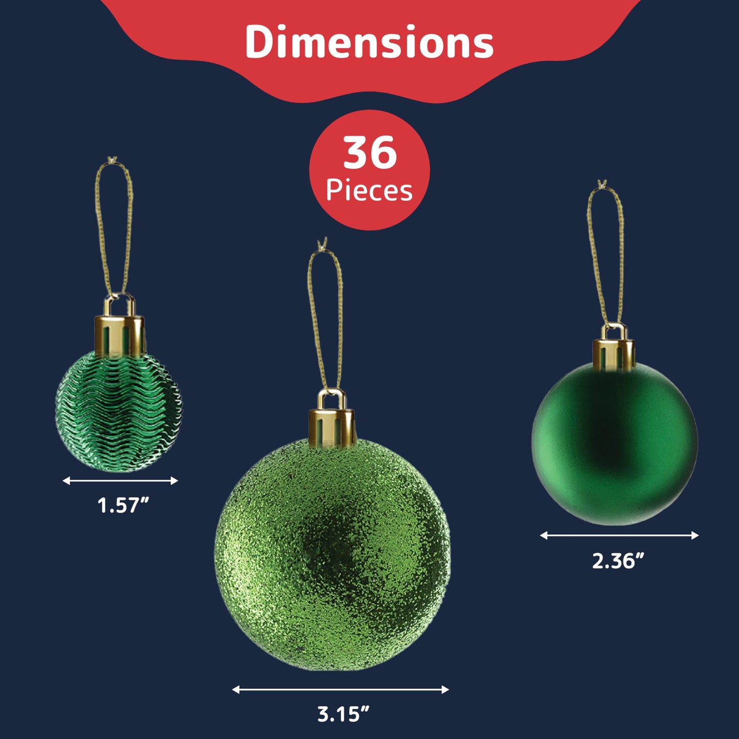 Prextex Christmas Tree Ornaments - Emerald Green Christmas Ball Ornaments Set for Christmas, Holiday, Wreath & Party Decorations (36 pcs - Small, Medium, Large) Shatterproof, 3 Size Combo