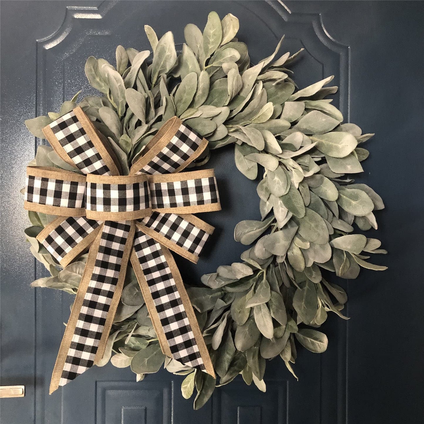 22 Inch Flocked Lambs Ear Wreaths for Front Door Wreaths for All Seasons Spring Summer Fall Autumn Winter Simple Modern Year Round Everyday Farmhouse Greenery Wreath (Burlap Bow)