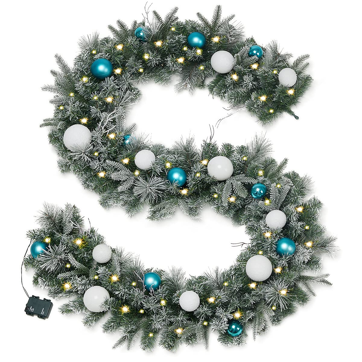 9ft Christmas Garland with LED Lights and Timer, Prelit Xmas Garland Battery Operated, Artificial Green Garland for Mantle, Fireplace, Stairs Railing, Front Door, Indoor and Outdoor