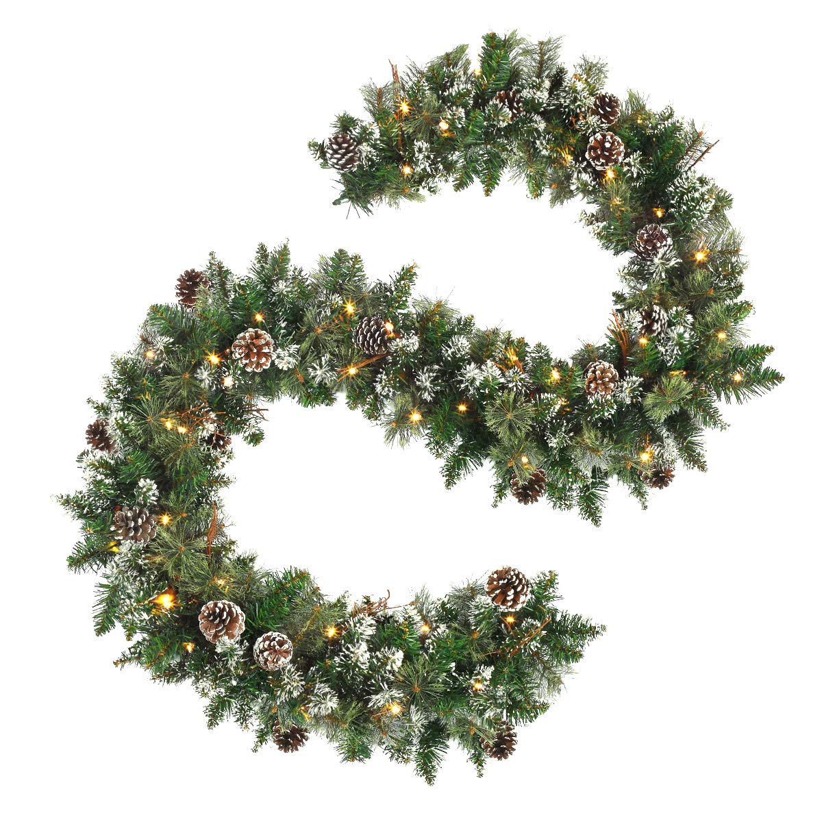 9ft Christmas Garland with LED Lights and Timer, Prelit Xmas Garland Battery Operated, Artificial Green Garland for Mantle, Fireplace, Stairs Railing, Front Door, Indoor and Outdoor