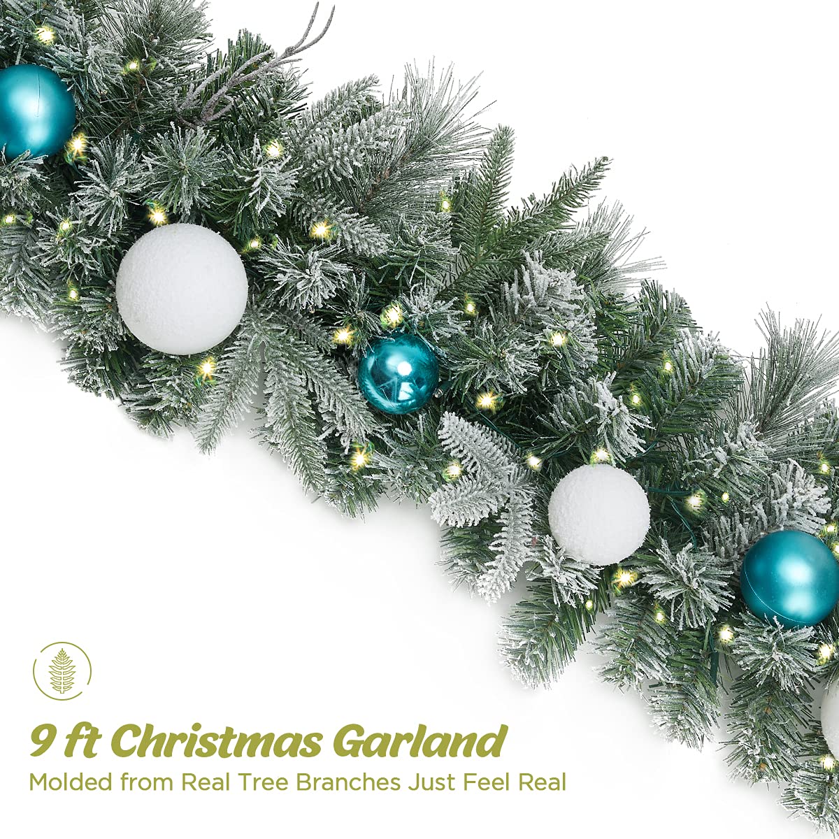 9ft Christmas Garland with LED Lights and Timer, Prelit Xmas Garland Battery Operated, Artificial Green Garland for Mantle, Fireplace, Stairs Railing, Front Door, Indoor and Outdoor