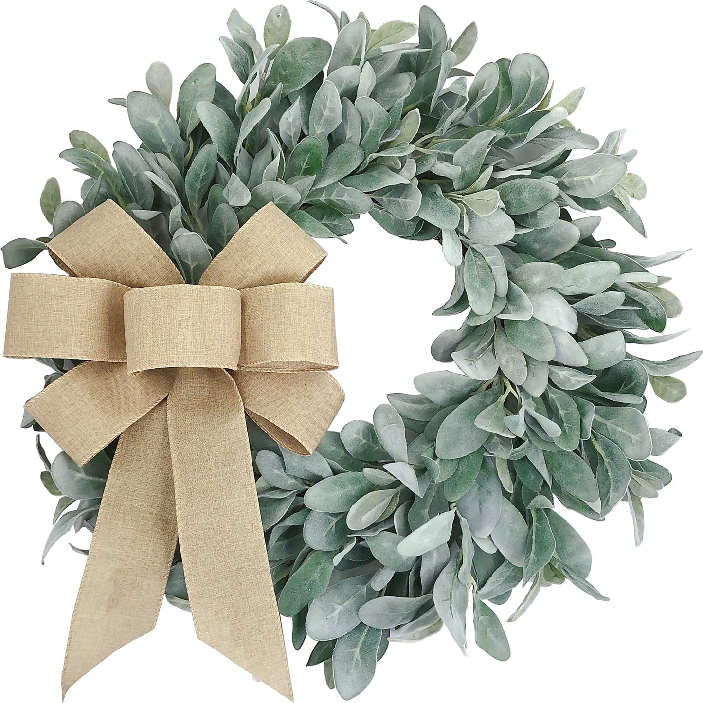 22 Inch Flocked Lambs Ear Wreaths for Front Door Wreaths for All Seasons Spring Summer Fall Autumn Winter Simple Modern Year Round Everyday Farmhouse Greenery Wreath (Burlap Bow)