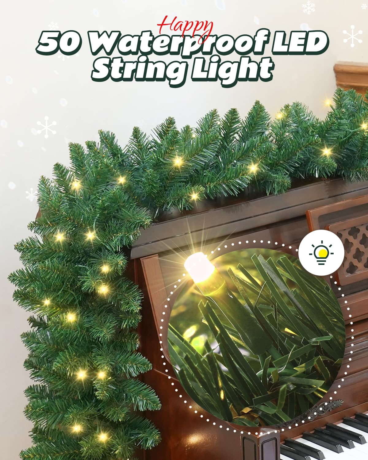 9ft Christmas Garland with LED Lights and Timer, Prelit Xmas Garland Battery Operated, Artificial Green Garland for Mantle, Fireplace, Stairs Railing, Front Door, Indoor and Outdoor