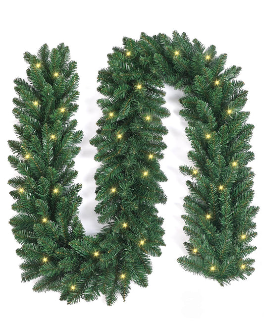 9ft Christmas Garland with LED Lights and Timer, Prelit Xmas Garland Battery Operated, Artificial Green Garland for Mantle, Fireplace, Stairs Railing, Front Door, Indoor and Outdoor