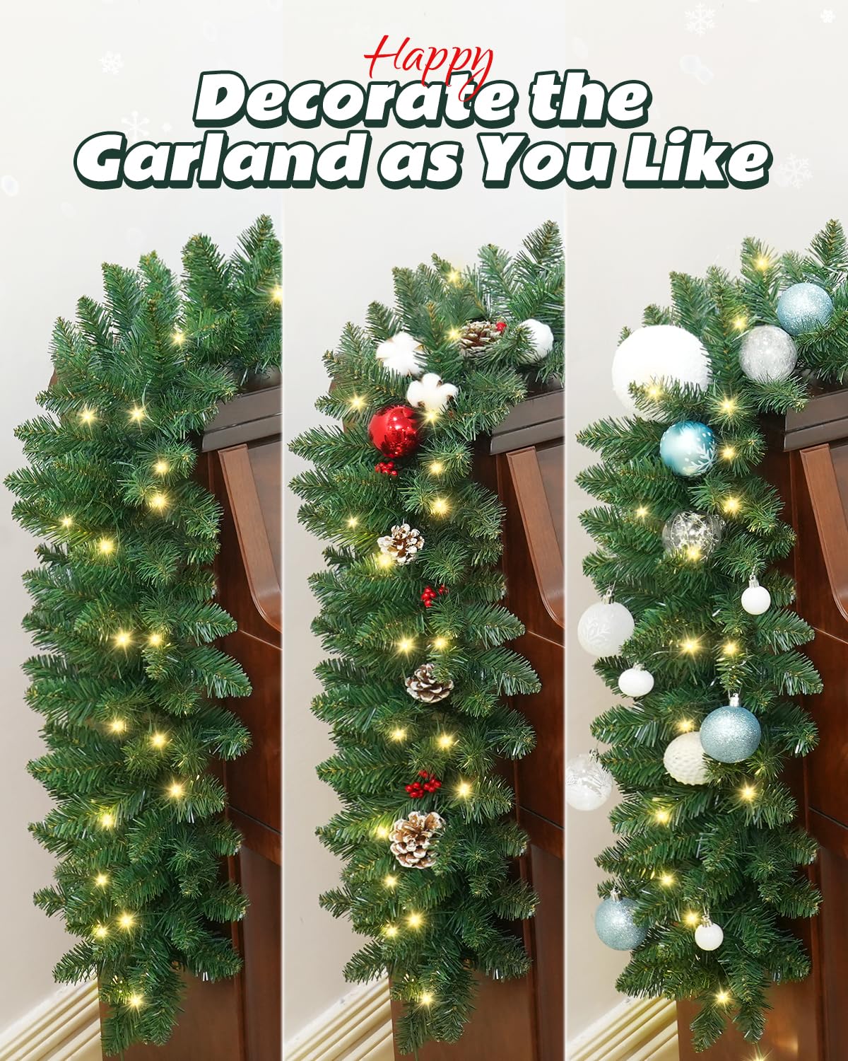 9ft Christmas Garland with LED Lights and Timer, Prelit Xmas Garland Battery Operated, Artificial Green Garland for Mantle, Fireplace, Stairs Railing, Front Door, Indoor and Outdoor