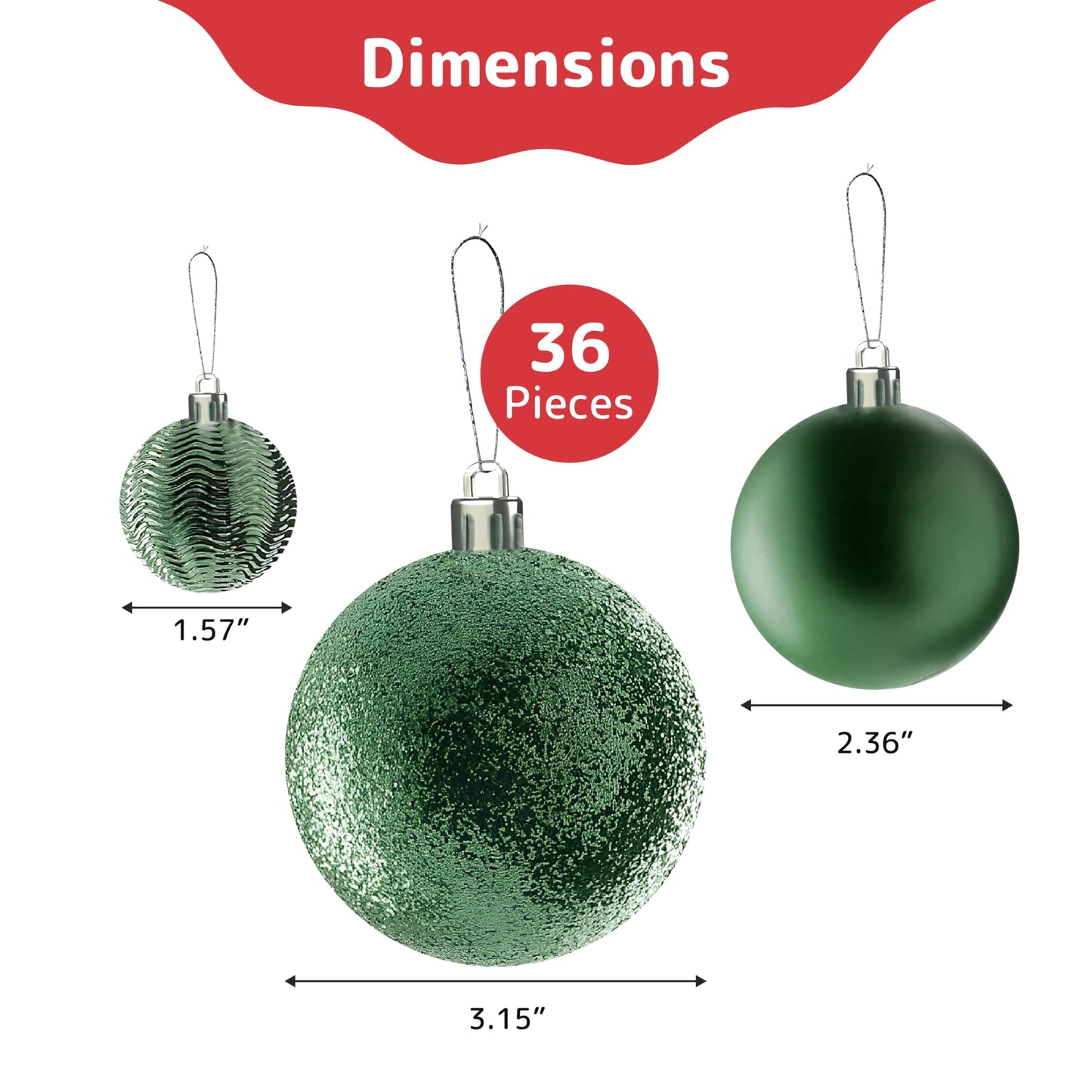 Prextex Christmas Tree Ornaments - Emerald Green Christmas Ball Ornaments Set for Christmas, Holiday, Wreath & Party Decorations (36 pcs - Small, Medium, Large) Shatterproof, 3 Size Combo