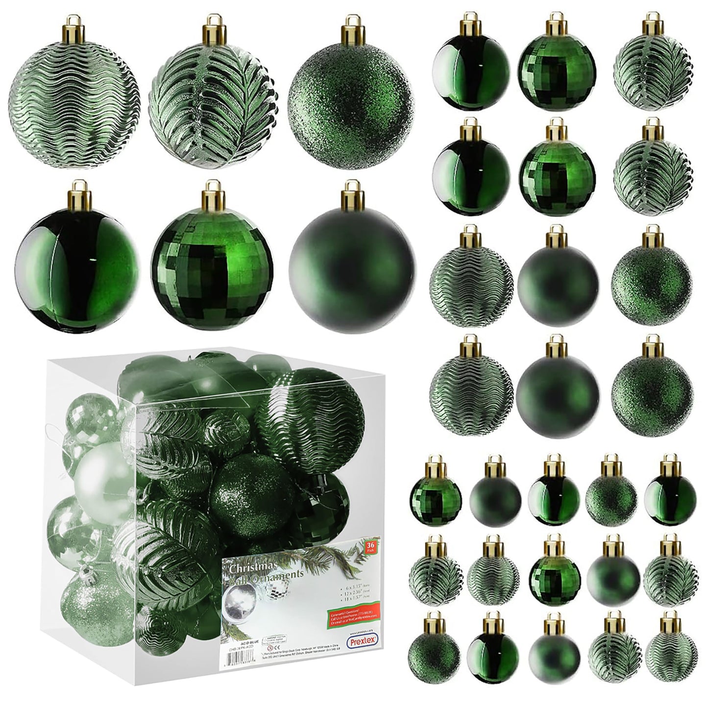 Prextex Christmas Tree Ornaments - Emerald Green Christmas Ball Ornaments Set for Christmas, Holiday, Wreath & Party Decorations (36 pcs - Small, Medium, Large) Shatterproof, 3 Size Combo