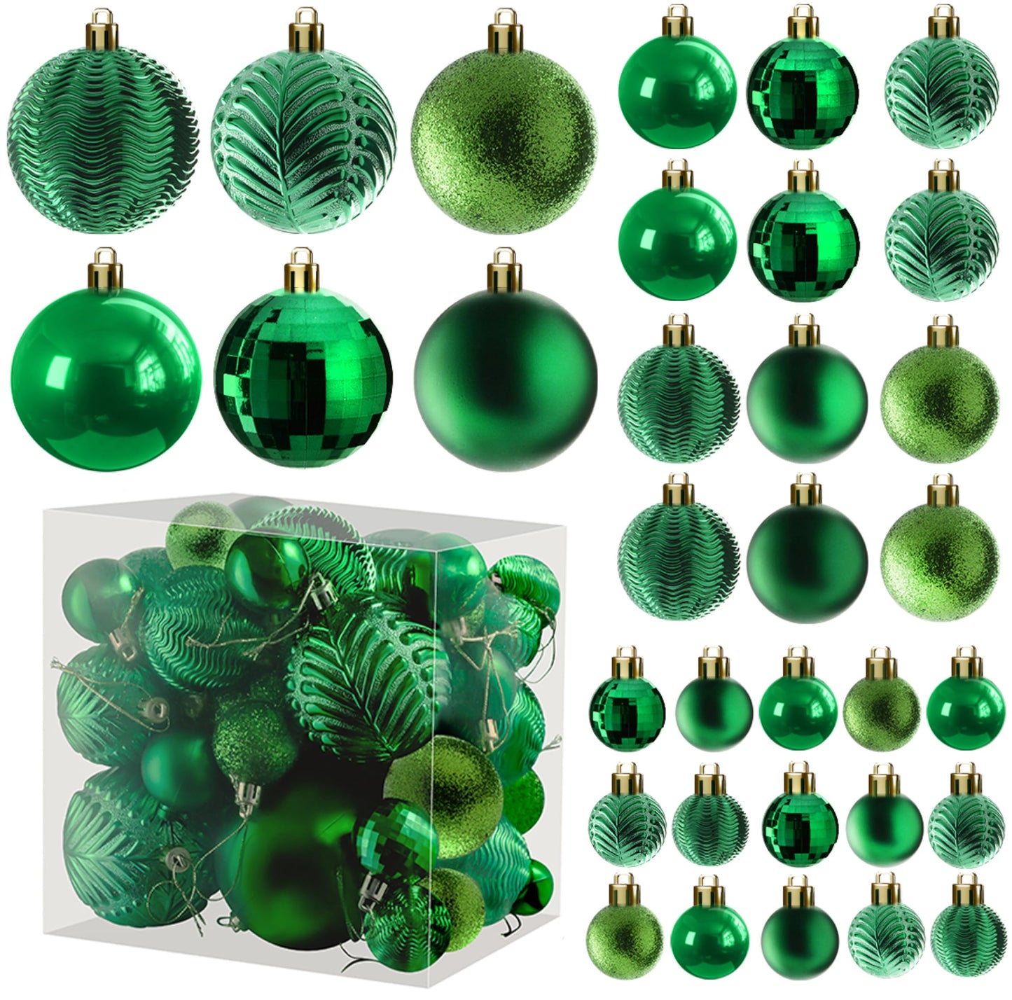 Prextex Christmas Tree Ornaments - Emerald Green Christmas Ball Ornaments Set for Christmas, Holiday, Wreath & Party Decorations (36 pcs - Small, Medium, Large) Shatterproof, 3 Size Combo