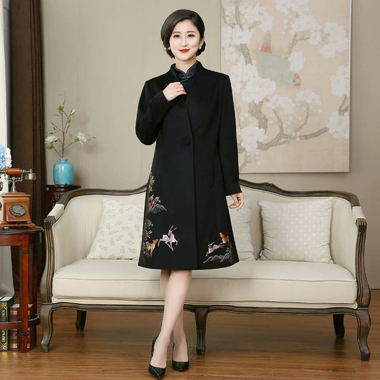 Mid Length Long Length Trench Coat Women's Original Design Popular New Arrival Cashmere Loose Overcoat Casual Graceful Embroidery Outwear