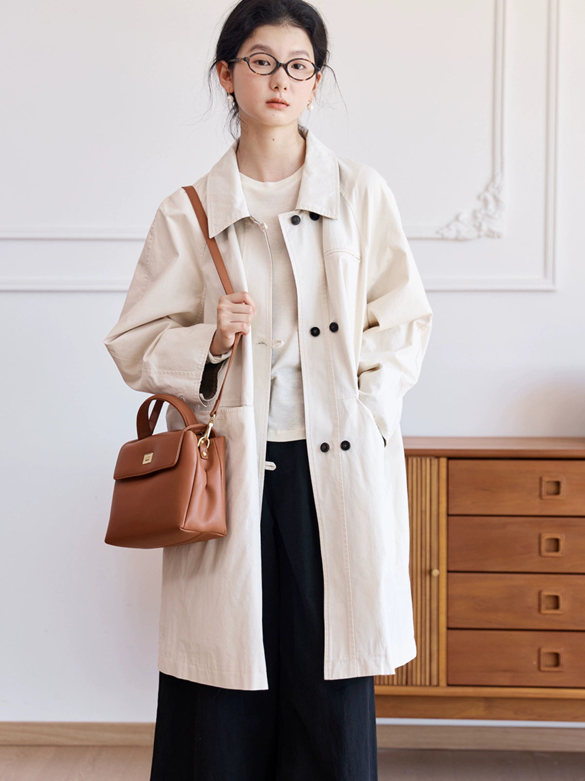 Zimo Cotton High Twill Colorblock Mid-Length Trench Coat