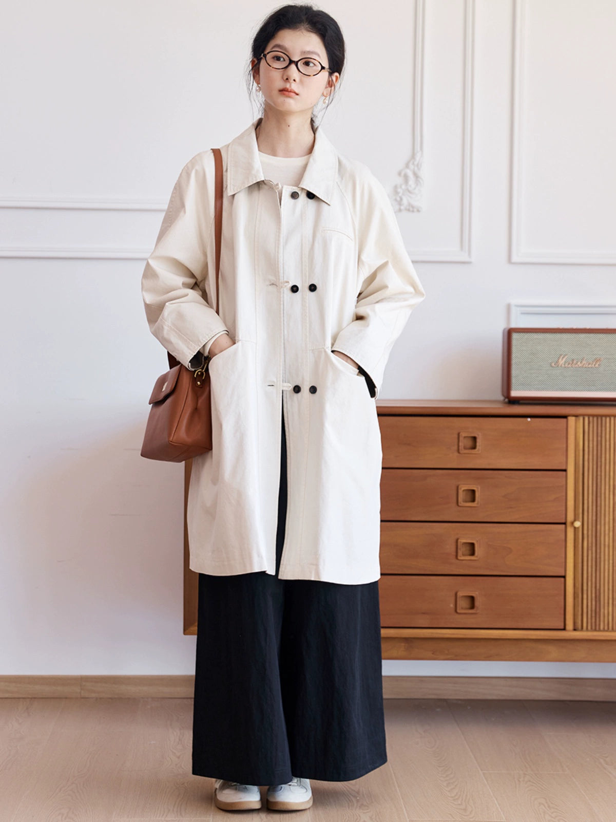 Zimo Cotton High Twill Colorblock Mid-Length Trench Coat