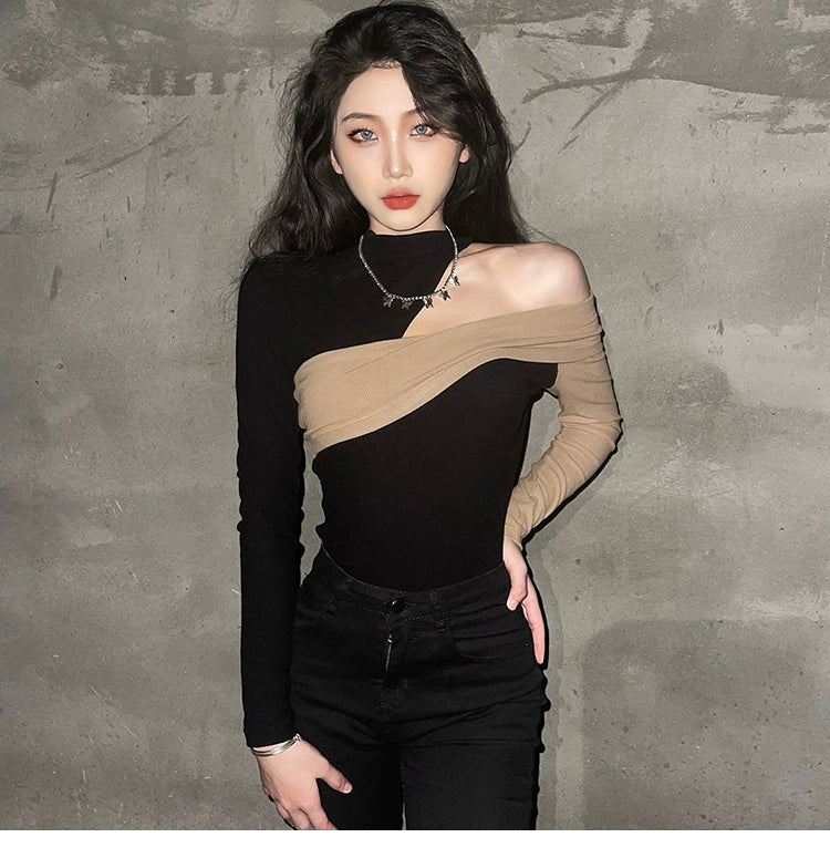 Weird Puss Cool Girl Sexy Style Patchwork Contrast Color Oblique Shoulder Long Sleeves T-shirt Retro Easy Matching Slim Fit Slimming Top