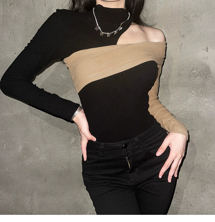 Weird Puss Cool Girl Sexy Style Patchwork Contrast Color Oblique Shoulder Long Sleeves T-shirt Retro Easy Matching Slim Fit Slimming Top