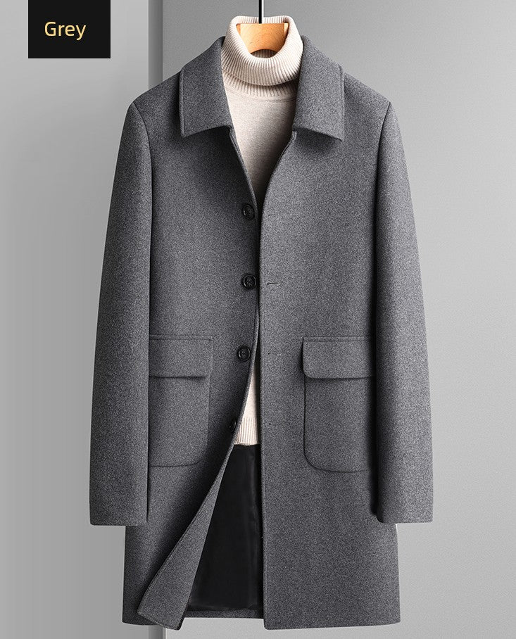 Fall and Winter Reversible Woolen Coat Men Classy Cashmere 100% Wool Trench Coat British Style Mid Length Long Length Trench Coat Outwear Thick